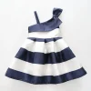 Girls Navy Blue and White Striped Party Dress
