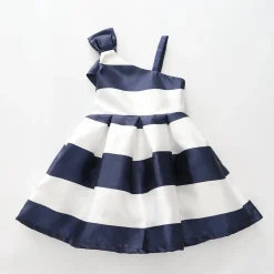 Girls Navy Blue and White Striped Party Dress