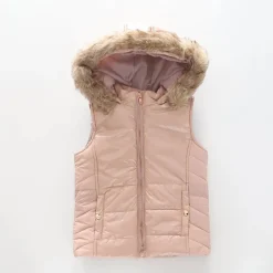 Girls' Pink Puffer Vest with Fur Trim Hood