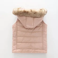 Girls' Pink Puffer Vest with Fur Trim Hood